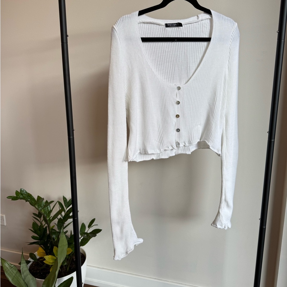Nasty Gal White Ribbed Button-Down Top